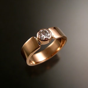 Moissanite 14k Rose Gold rectangular band wedding ring made to order in your size Diamond substitute conflict free Gemstone