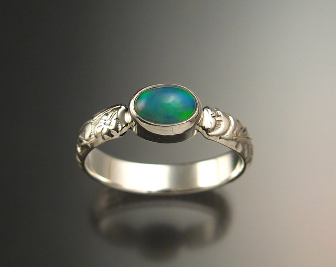 Opal Ring Victorian floral pattern band and 5 x 7 mm Ethiopian Opal bezel set stone made to order in your size
