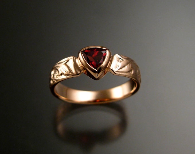 Pink Tourmaline Triangle 14k Rose Gold Victorian flower and vine pattern bezel set ring made to order in your size