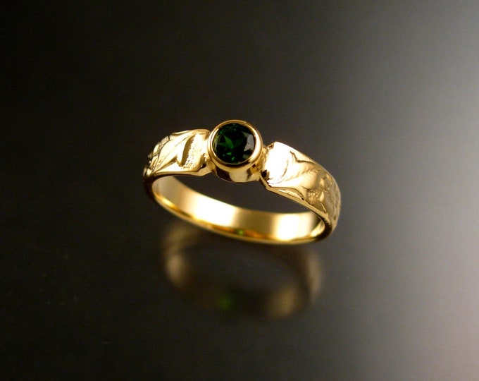 Chrome Diopside 14k yellow Gold Victorian flower and vine pattern bezel set ring made to order in your size