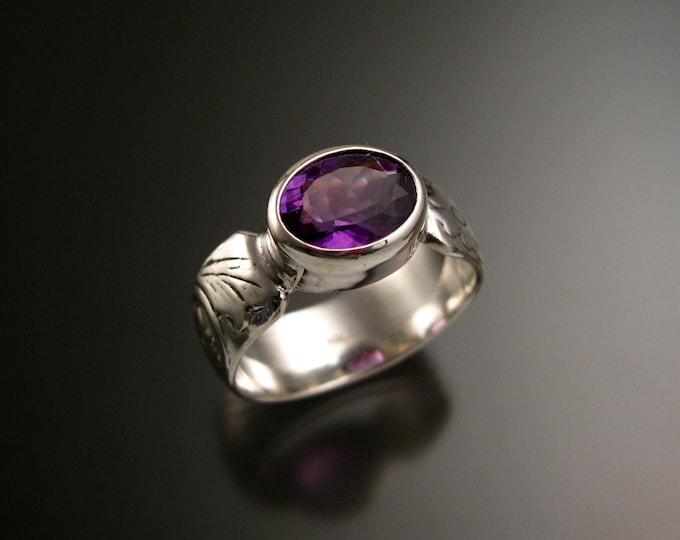 Amethyst 14k White Gold handmade wide Victorian floral pattern band ring east west bezel set stone ring made to order in your size