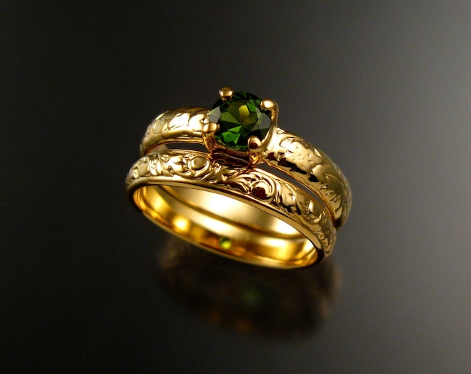 Green Tourmaline 14k Yellow Gold Victorian floral pattern wedding ring set Emerald substitute engagement rings