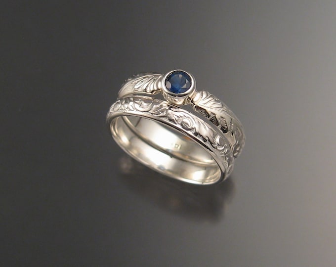 Sapphire Natural cornflower blue Wedding set 14k White Gold Victorian bezel set two rings made to order in your size