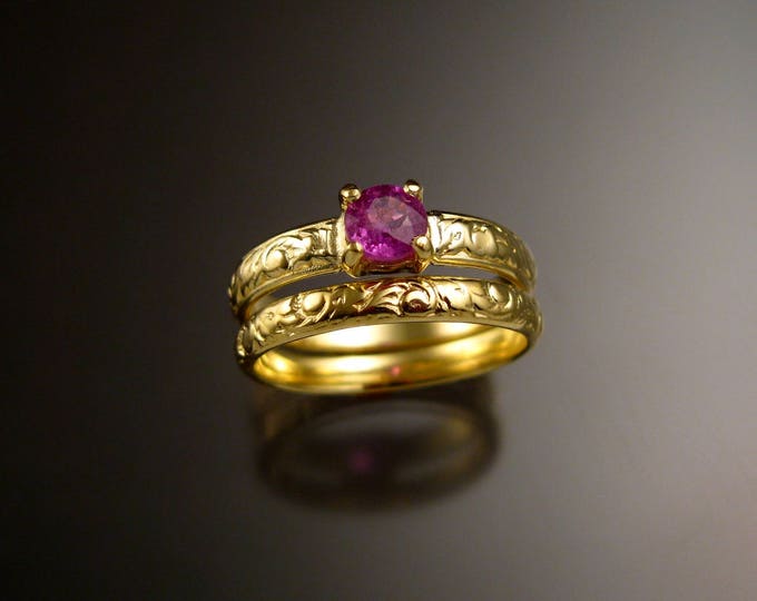 Pink Sapphire 14k Green Gold Victorian floral pattern wedding ring set Pink Diamond substitute engagement rings Made to order in your size