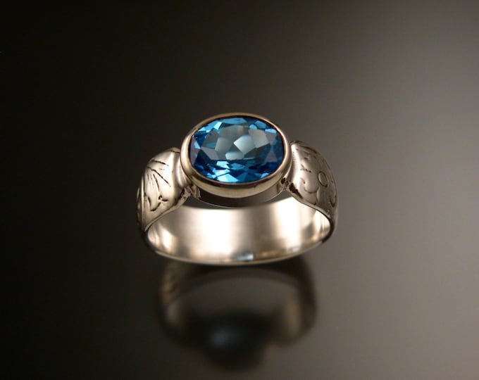 Blue Topaz Sterling Silver handmade wide Victorian floral pattern band ring east west bezel set stone ring made to order in your size