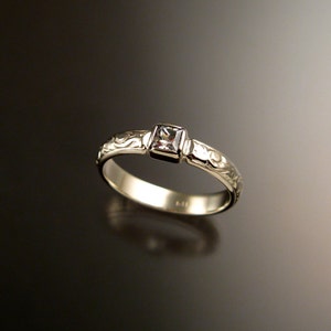 White Sapphire Wedding ring 14k White Gold Victorian bezel set Diamond substitute ring made to order in your size