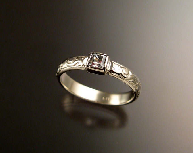 White Sapphire Wedding ring 14k White Gold Victorian bezel set Diamond substitute size 7 3/4