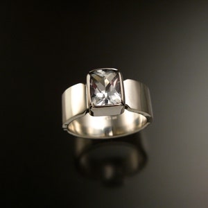 Natural White Topaz ring Sterling Silver Rectangle Diamond Substitute Mans wide band Ring made to order in your Size