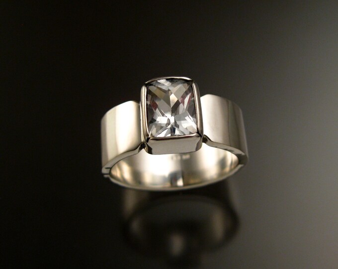 Natural White Topaz ring Sterling Silver Rectangle Diamond Substitute Mans wide band Ring made to order in your Size