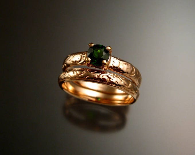 Chrome Diopside Wedding set 14k rose Gold Emerald substitute Victorian floral pattern two ring set made to order in your size