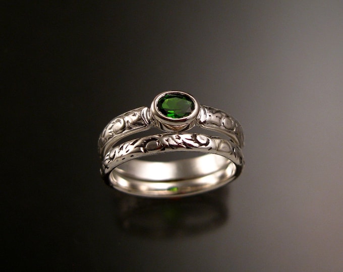 Chrome Diopside two ring wedding set 14k White Gold Emerald substitute with bezel set stone made to order in your size