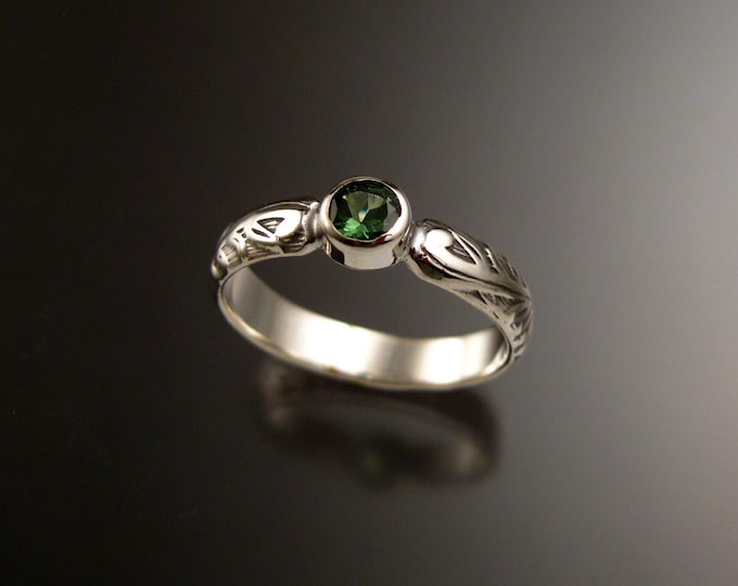 Green Tourmaline Victorian floral pattern ring 14k White gold made to order in your size