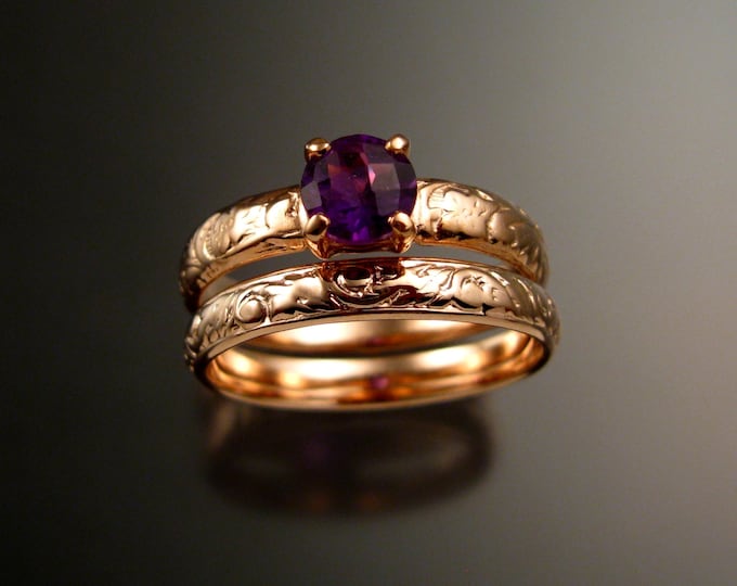 Amethyst Wedding set 14k rose Gold two ring set handmade to order in your size