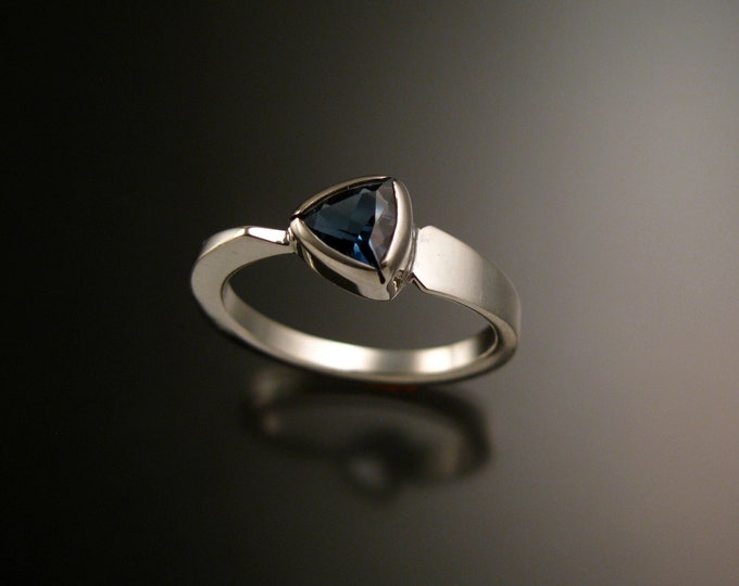London Blue Topaz Triangle asymmetrical 14k White Gold ring made to order in your size