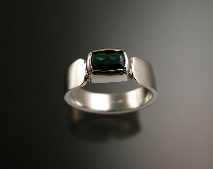 Green Tourmaline long Cushion cut Bezel set stone ring size 7