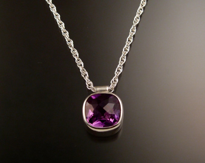 Amethyst Checkerboard cut bezel set stone necklace Sterling Silver Brazilian natural Amethyst adjustable length necklace