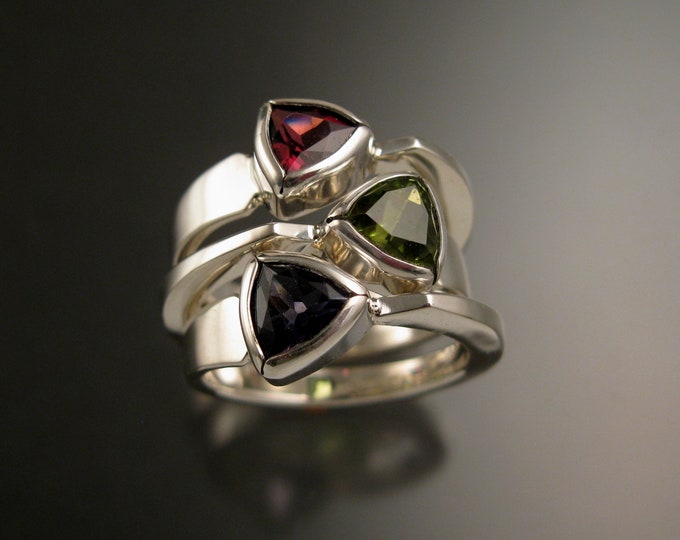Stackable Mothers Birthstone ring set of Three asymmetrical Sterling silver Trianglular stone rings made to order in your size