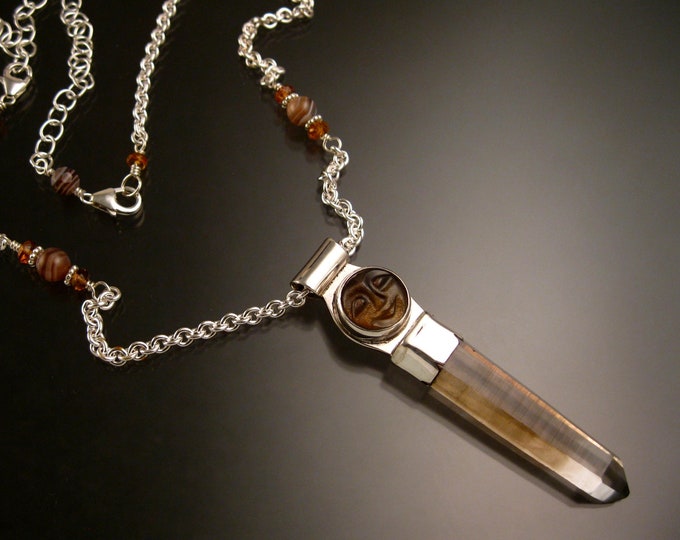 Smoky Quartz crystal and Carved Moonstone necklace Sterling silver handmade adjustable length