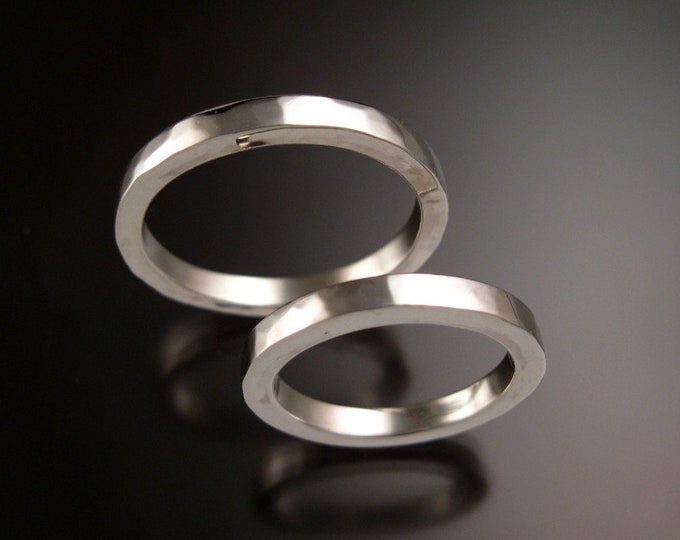 His and hers Sterling Silver Square Lightly hammered Wedding band set made to order in your sizes