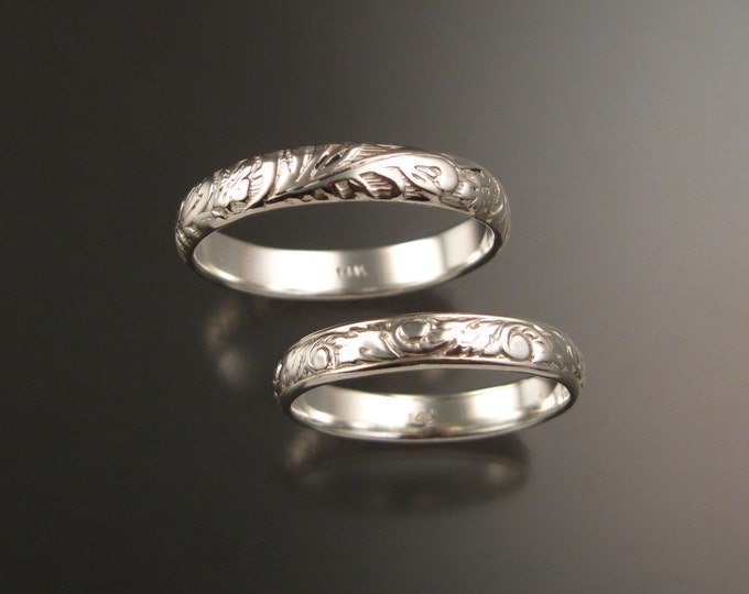 14k white Gold Floral pattern Band His and Her's wedding set made to order in your size Victorian two ring wedding bands