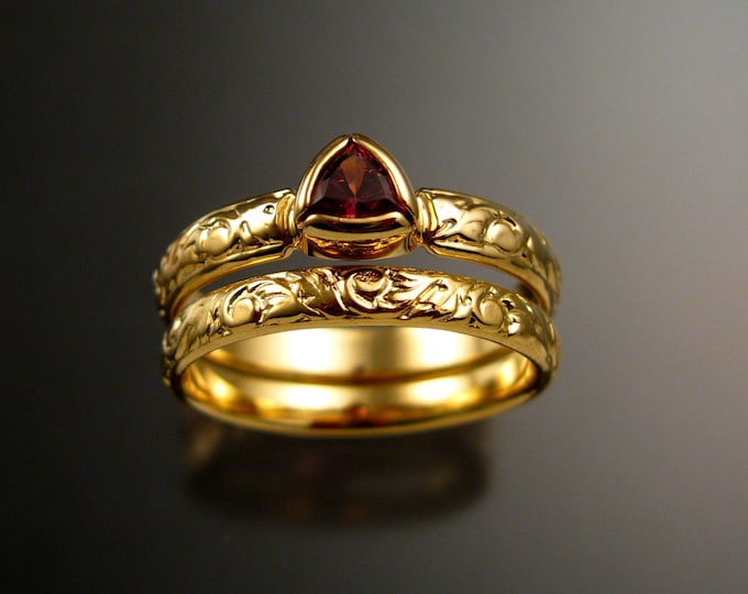 Pink Tourmaline Triangle Wedding set 14k Yellow Gold Victorian bezel set stone two ring set made to order in your size