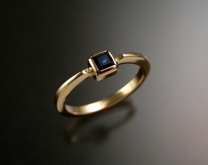 Sapphire square stackable ring 14k Yellow Gold princess cut deep blue Natural stone made to order in your size