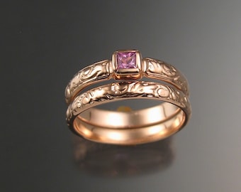 Pink Sapphire Wedding set 14k Rose Gold Victorian bezel set Pink Diamond substitute ring made to order in your size