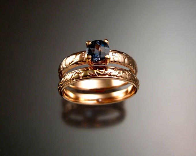 London Blue Topaz Wedding set 14k rose Gold ring made to order in your size pink gold two ring engagement set