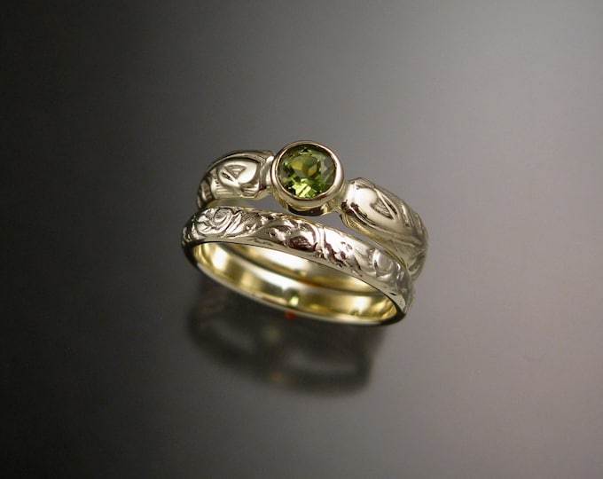 Peridot Wedding ring bezel set 14k Green Gold Victorian Floral pattern Engagement ring and matching band set made to order in your size