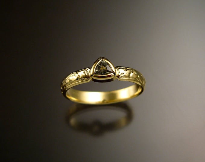 Green Sapphire triangle 14k Green Gold Victorian floral pattern wedding ring green Diamond substitute engagement ring Made to order