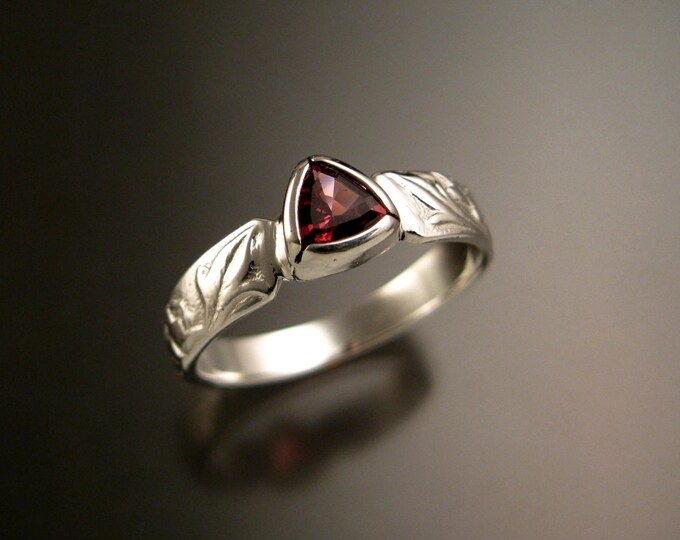 Pink Tourmaline Triangle 14k White Gold Victorian flower and vine pattern bezel set ring made to order in your size