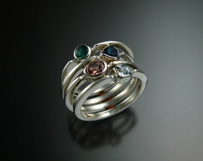 Stackable Mothers Birthstone ring set of Four 14k white Gold premium birthstone rings Made to order in your size