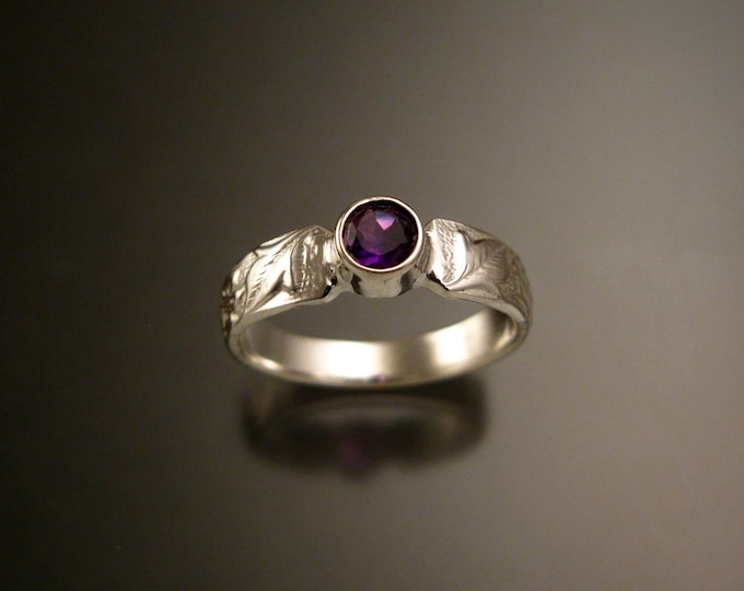 Amethyst 14k white Gold Victorian flower and vine pattern bezel set ring made to order in your size