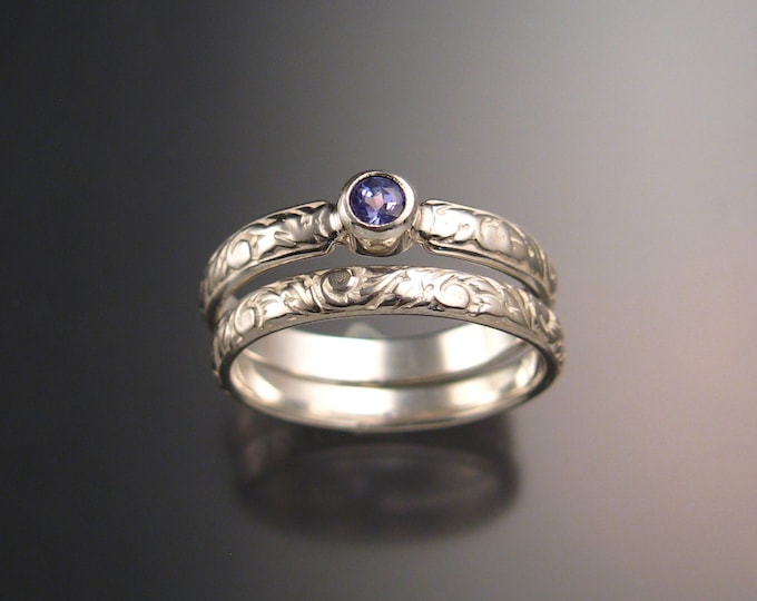 Tanzanite Wedding set 14k White Gold Victorian bezel set two ring set made to order in your size