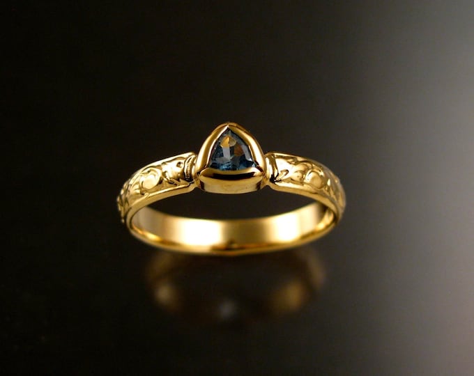 Aquamarine Triangle Wedding ring 14k Yellow Gold Victorian bezel set stone ring made to order in your size