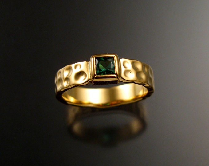 Green Tourmaline square Moonscape ring Emerald substitute handcrafted in 14k Yellow gold in your size