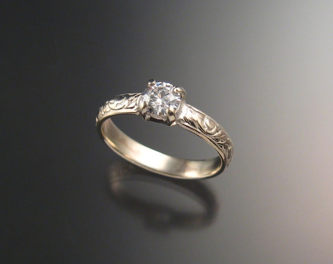 White Zircon Wedding ring Sterling Silver Diamond substitute ring made to order in your size Victorian floral pattern band