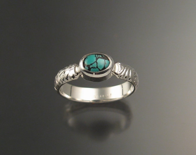 Turquoise sterling silver ring with Victorian floral pattern band and bezel set stone Handmade to order in your size