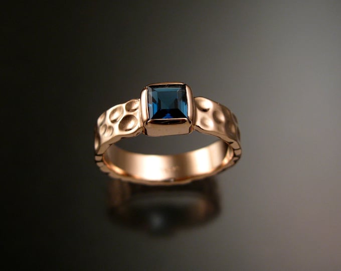 London Blue Topaz 5mm square Moonscape ring handcrafted in 14k Rose Gold made to order in your size
