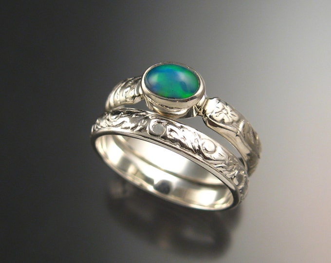 Opal and Sterling silver Wedding Ring Set Victorian floral pattern band made to order in your size