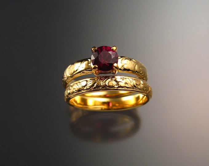 Garnet Wedding set 14k Yellow Gold Ruby substitute Natural Raspberry Rhodolite Garnet ring made to order in your size