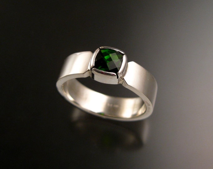 Chrome Diopside 6mm Cushion cut Sterling Silver Bezel set stone Emerald Substitute ring Rectangular band made to order in your size