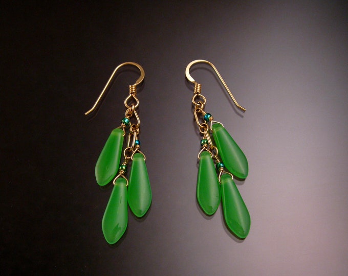 Czech Glass "Dagger " and 14k Gold-filled Earrings Jade Green
