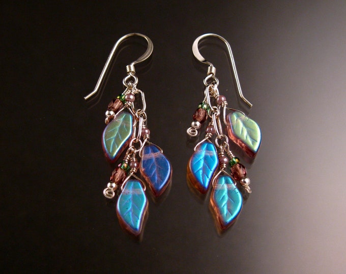 Czech Glass "Leaves" and Sterling Silver Earrings Violet