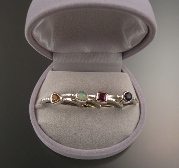 Stackable Mothers Birthstone Ring Set of Four 14k White Gold