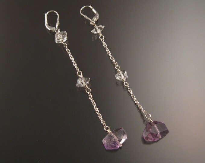 Natural Polished Amethyst Crystal and Herkermer "Diamond" Quartz earrings Sterling Silver handcrafted long dangle earrings