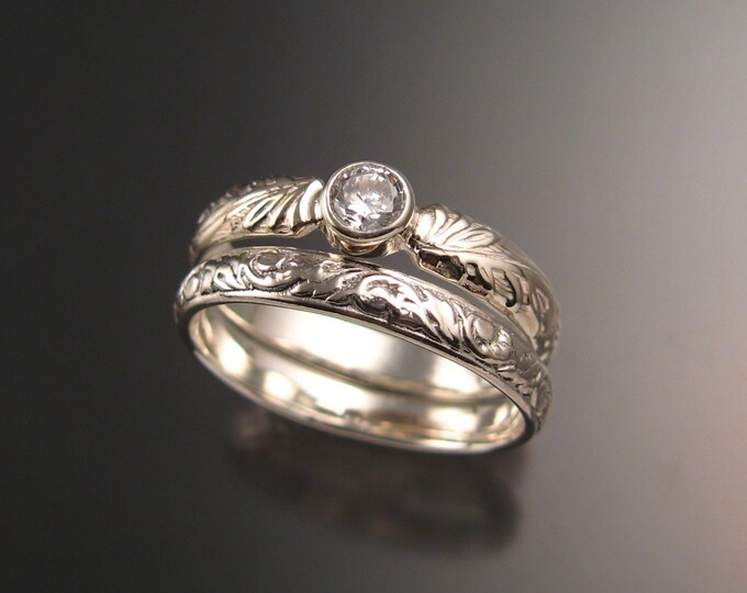 White Sapphire diamond substitute Victorian pattern two ring Wedding set handcrafted in 14k white gold made to order in your size