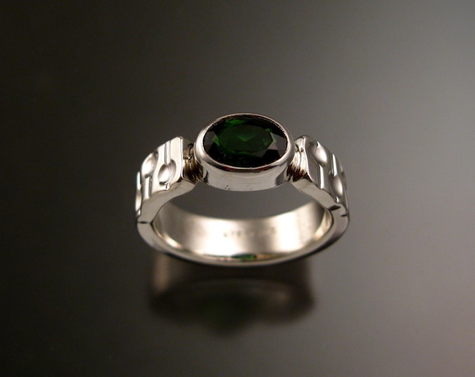 Green Tourmaline Ring Sterling silver 5 x 7 mm Oval Emerald substitute size 5 1/2 bars and craters band