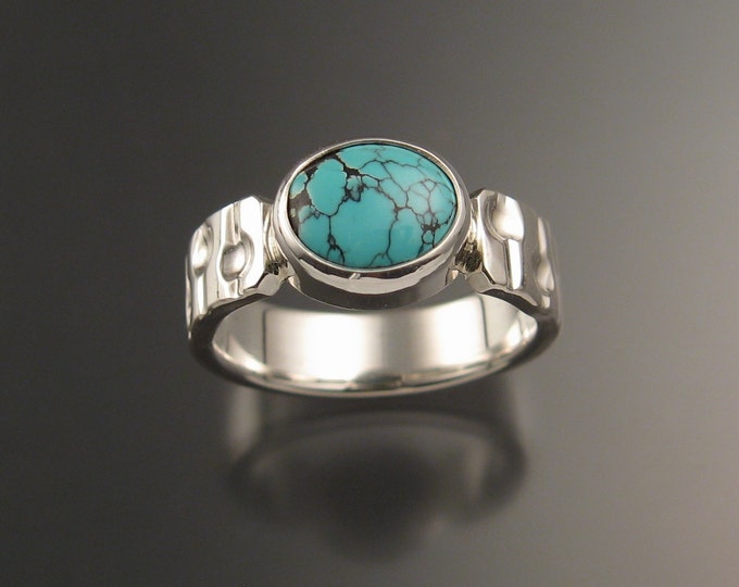 Turquoise sterling silver ring with hand stapped heavy rectangular band and bezel set stone Handmade to order in your size