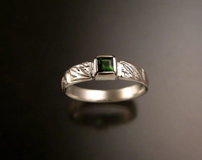 Green Tourmaline Square 14k White Gold Victorian flower and vine pattern bezel set ring made to order in your size